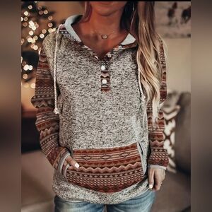 Vintage Western Print Kangaroo Pocket Hoodie